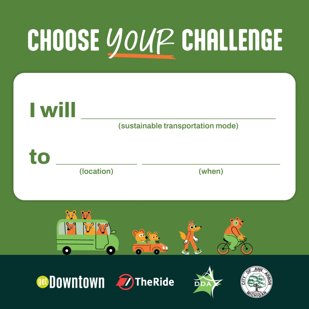 Choose Your Challenge with YOUR underlined. The graphic has the start of a sentence followed by blanks with prompts to be filled in. "I will [sustainable transportation mode] to [location] [when].