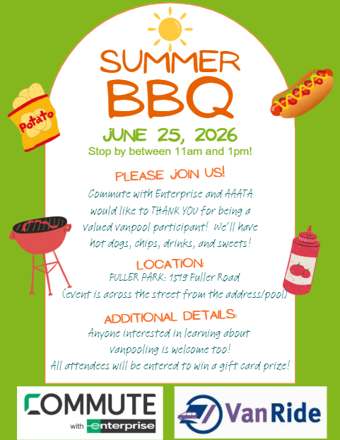 Anyone interested in learning about vanpool is invited to join AAATA, Commute with Enterprise, and current vanpoolers for hot dogs, chips, beverages and sweets! Stop by Fuller Park (across from 1519 Fuller Road) between 11am and 1pm on Thursday, June 25, 2026.