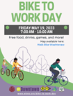 Bike to Work Day Friday 5/19/23 7-10am Free food, drinks, games and more. Map available from Walk Bike Washtenaw. wbwc.org/bike-to-work-day