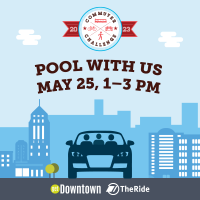 Pool with us. May 25 , 1-3pm. Commuter Challenge logo along with TheRide and getDowntown logos