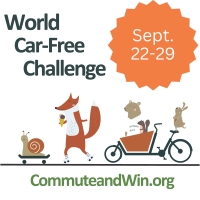 World Car-free Challenge Sept. 22-29 an assortment of animals on skateboard, rollerblades, and a cargo bike parade by. Bottom reads commuteandwin.org