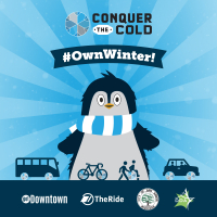 Penguin in scarf plus transportation options icons for bus, bike, walking, and carpooling